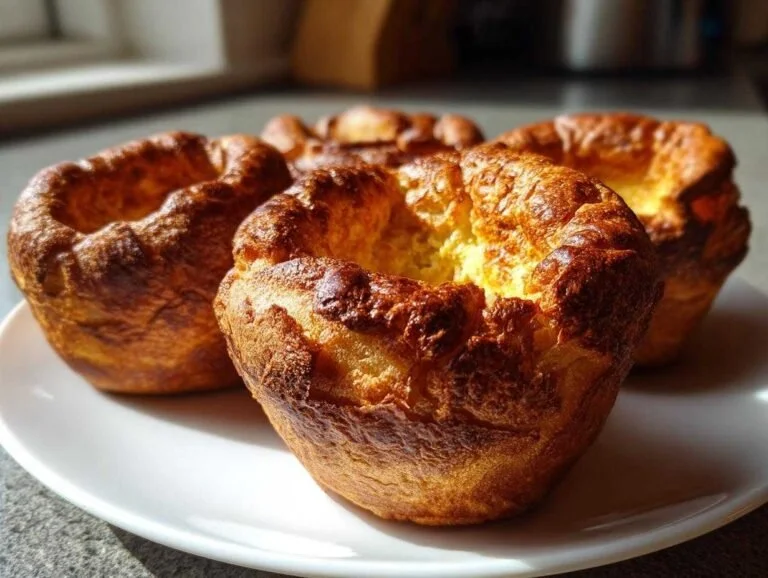 Golden Yorkshire pudding served on a plate next to roast beef and vegetables.