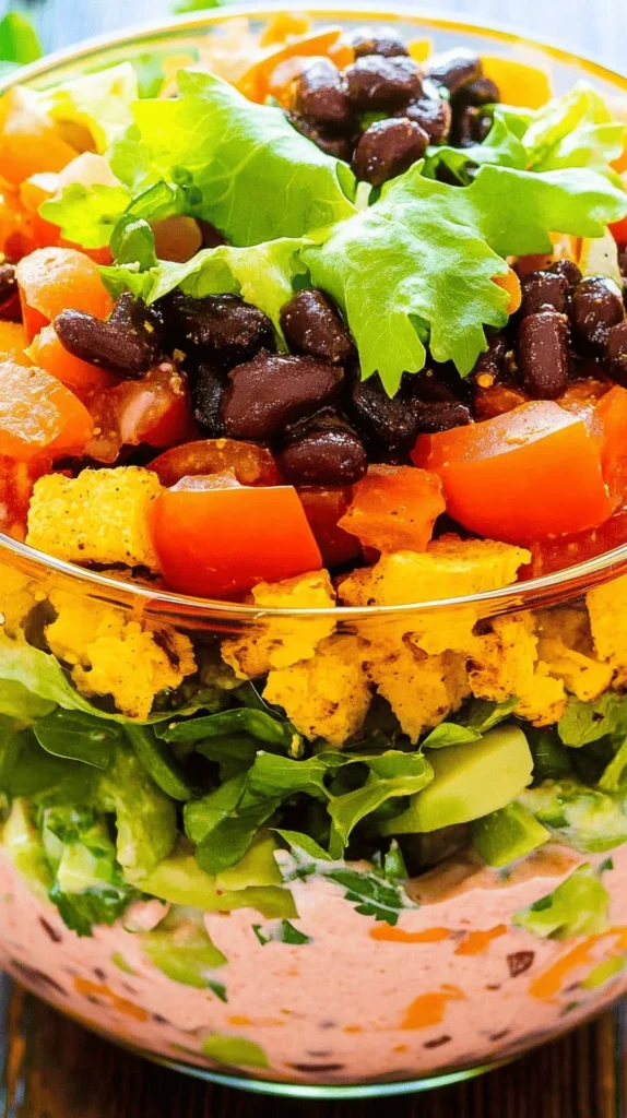 7 layer taco salad with layers of fresh ingredients