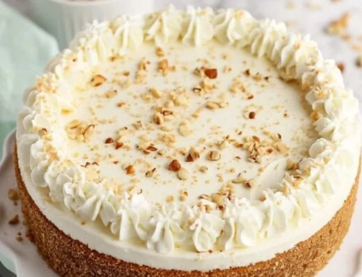 Delicious Amaretto Cheesecake with Almond Mousse topping on a dessert plate