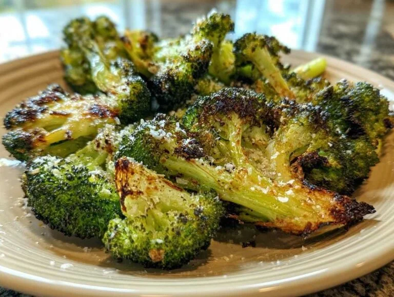 Bowl of 20-minute roasted broccoli, golden and crispy, ready to serve.