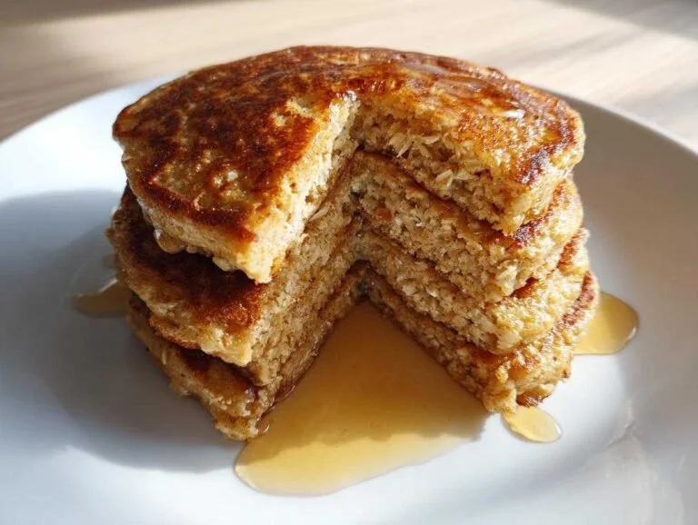 Deliciously fluffy oatmeal pancakes stacked on a plate with syrup and fruit