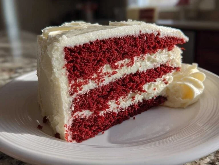 Delicious slice of amazing red velvet cake with cream cheese frosting.