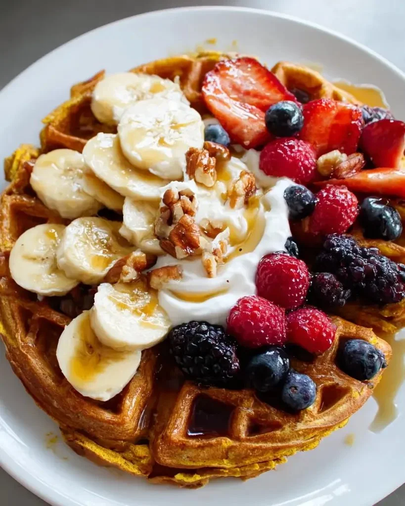 Delicious anti-inflammatory turmeric waffles served with fresh toppings
