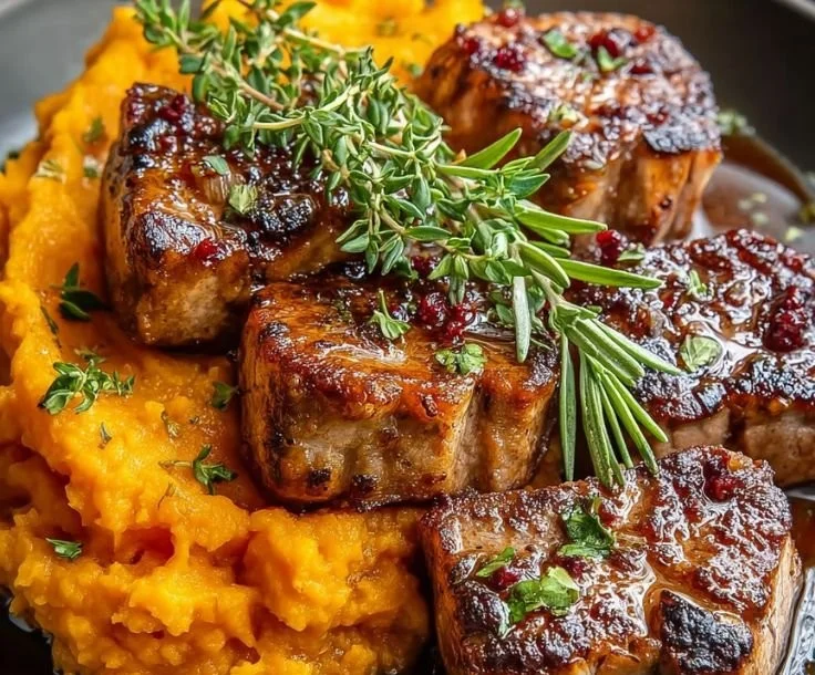 Delicious Apple Cider Pork served with mashed sweet potatoes for a hearty meal