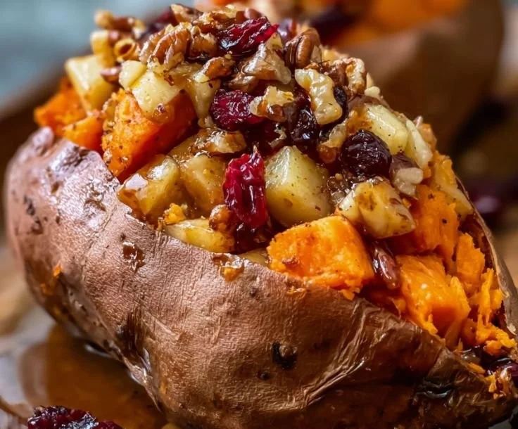 Apple spiced stuffed sweet potatoes topped with cinnamon and pecans