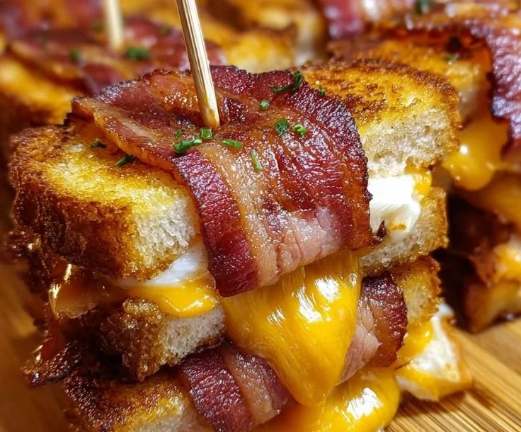 Bacon wrapped grilled cheese fingers on a plate with dipping sauce