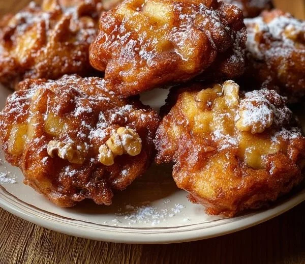 Delicious baked apple fritters with a cinnamon glaze on a plate.