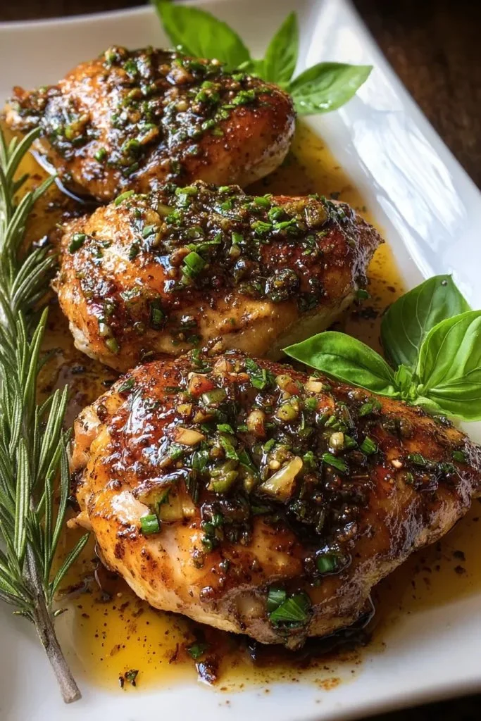 Baked balsamic chicken breast garnished with herbs and served on a plate