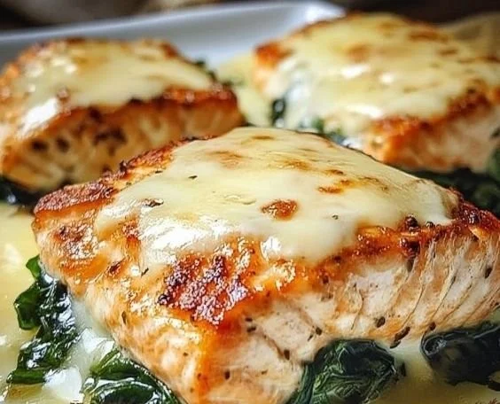 Baked salmon fillet served with fresh spinach