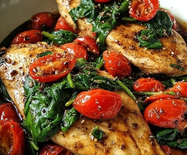 Balsamic Chicken Breast with Spinach and Tomatoes on a plate