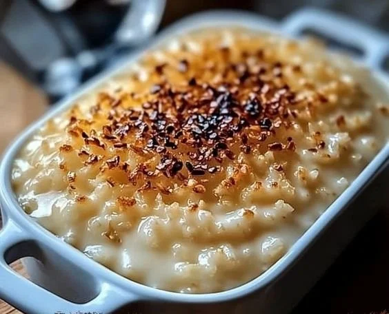 Delicious serving of best condensed milk baked rice pudding topped with cinnamon