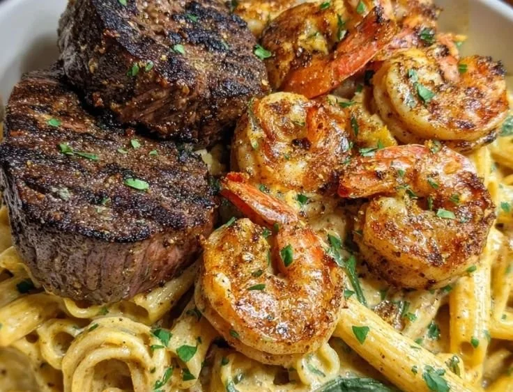 Delicious Blackened Steak Shrimp Alfredo served with pasta