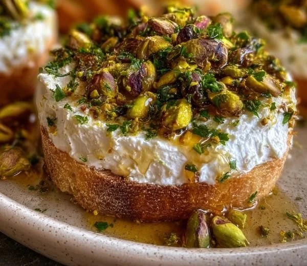 Boursin appetizer topped with pistachios and drizzled with hot honey