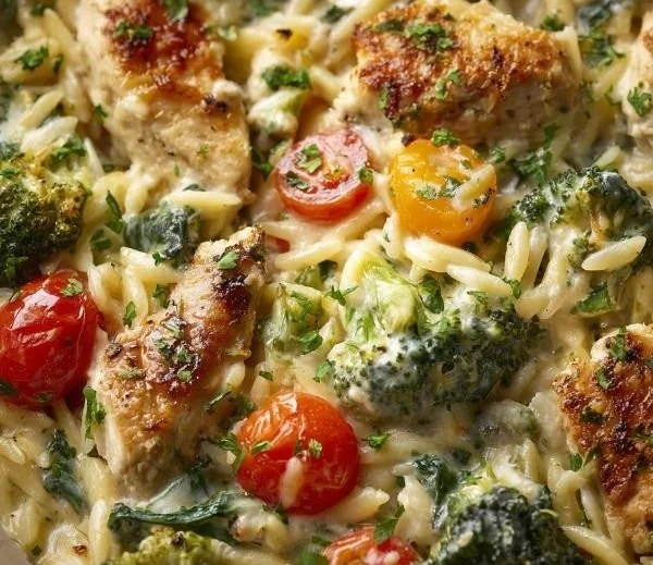 Boursin Orzo Bake with Chicken and Vegetables in a creamy sauce