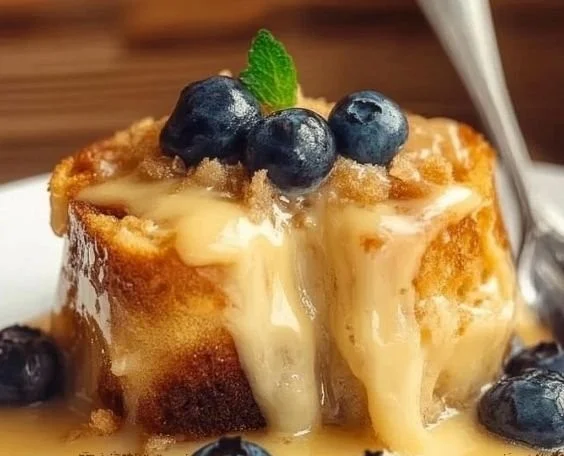 Delicious bread pudding served with creamy vanilla sauce