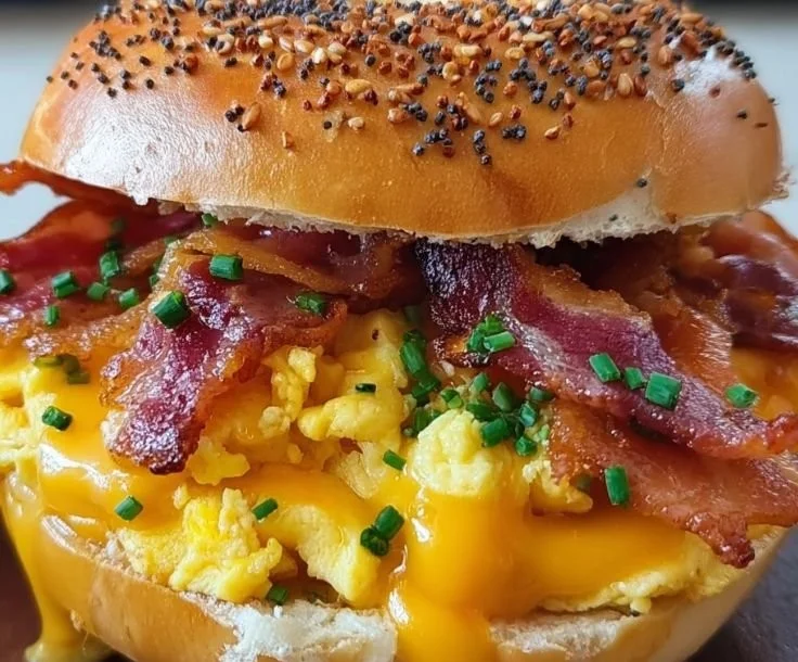 Fresh breakfast bagel sandwich with eggs, cheese, and bacon