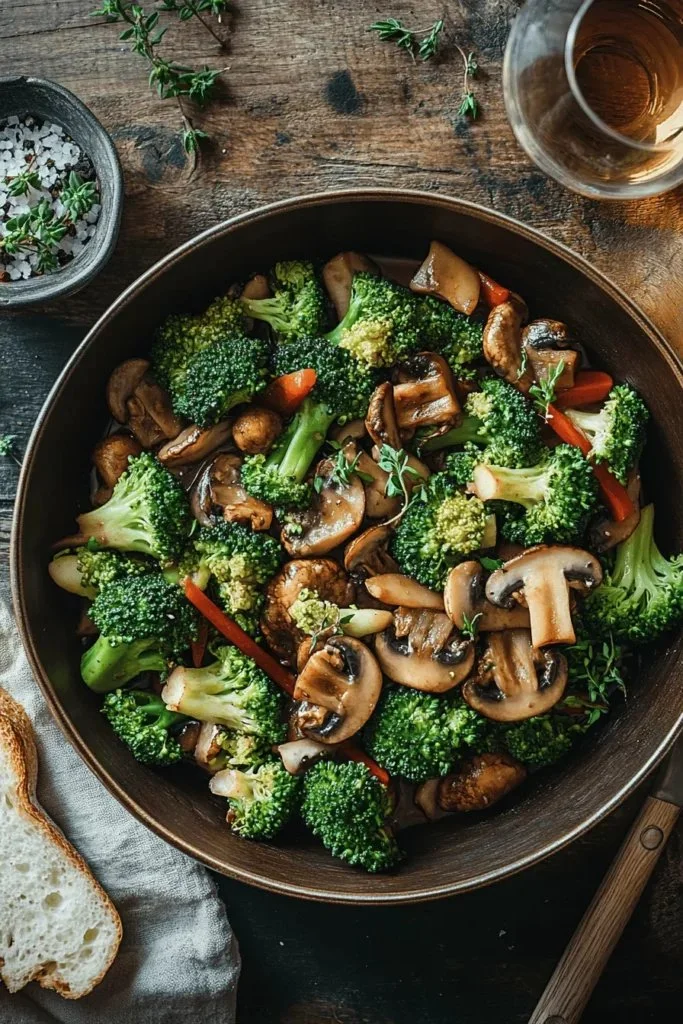 Colorful broccoli mushroom stir fry in a pan with fresh ingredients