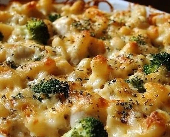 Delicious Broccoli Cheddar Chicken Casserole served in a baking dish.