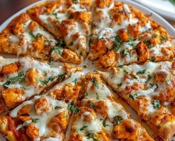 Delicious Buffalo Chicken Pizza topped with spicy chicken and creamy sauce