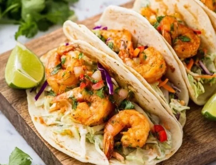 Cajun shrimp tacos topped with creamy slaw on a wooden plate