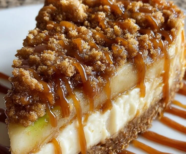 Delicious Caramel Apple Crisp Cheesecake topped with caramel and apple slices