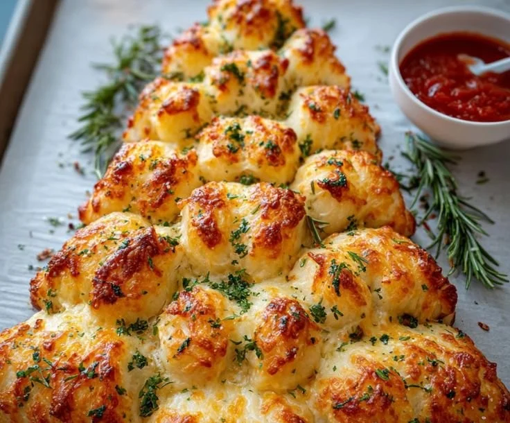 Cheesy Christmas Tree Bread baked in a festive shape, perfect for holidays.