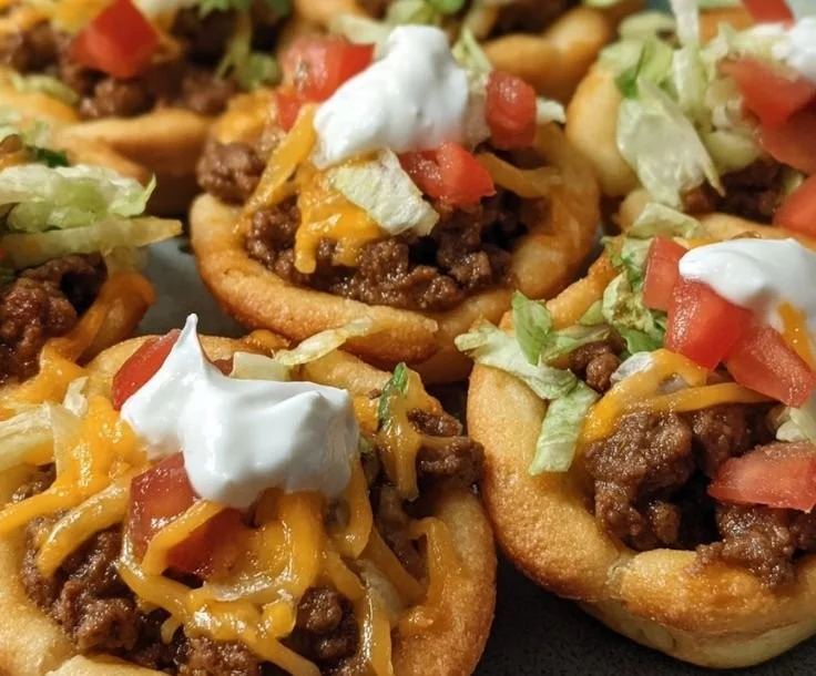Cheesy taco cups snack bake served on a platter with toppings.