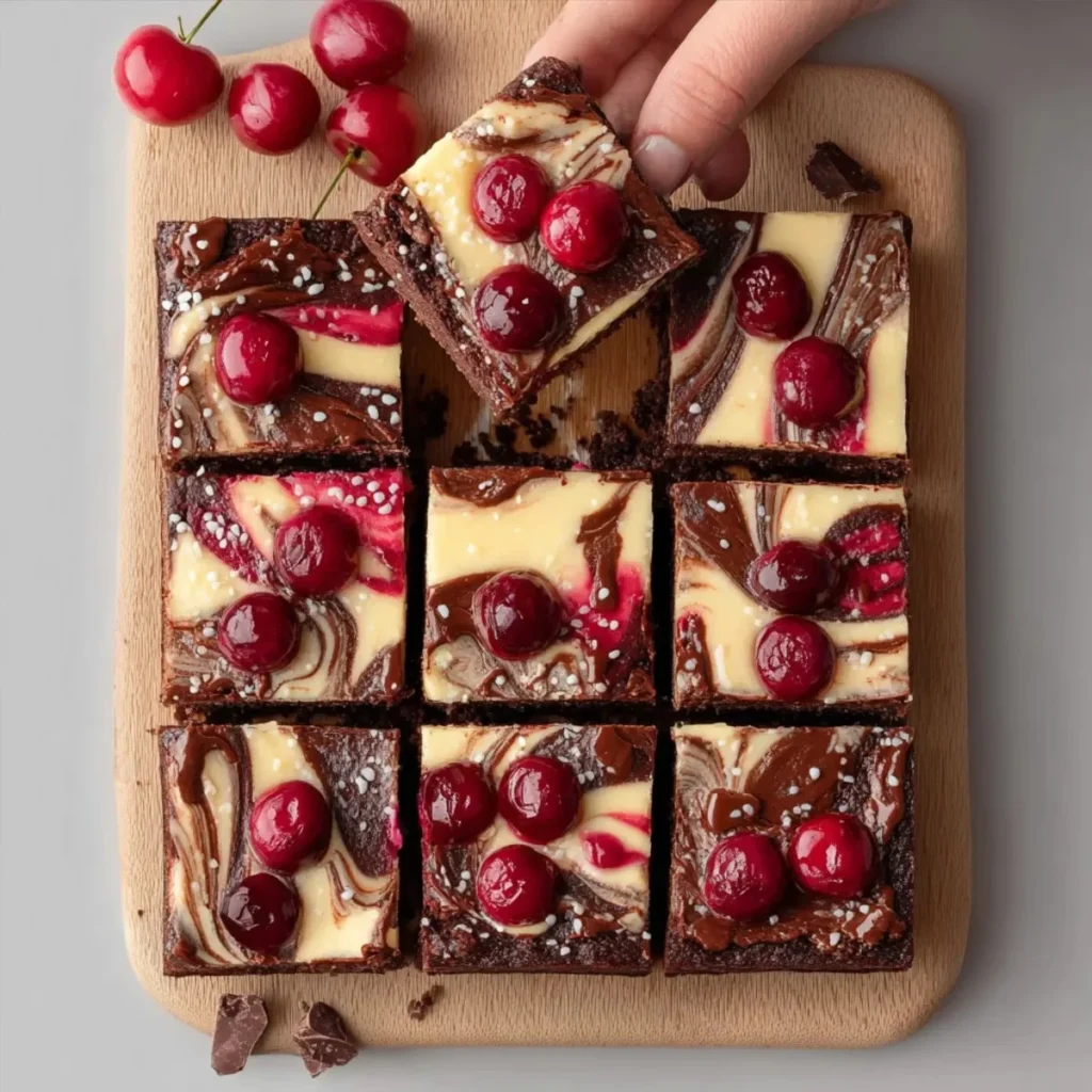 Delicious Cherry Cheesecake Brownies topped with cherry sauce.
