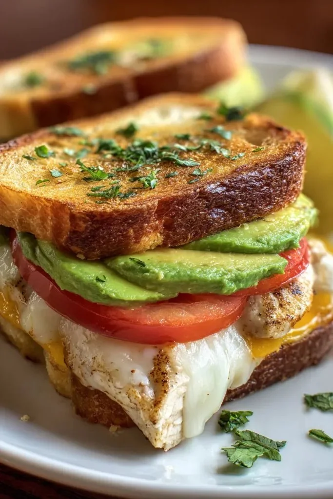 Delicious Chicken Avocado Melt Sandwich with melted cheese and fresh ingredients
