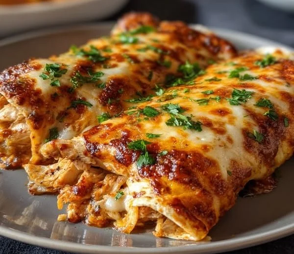 Homemade Chicken Enchiladas topped with cheese and fresh herbs