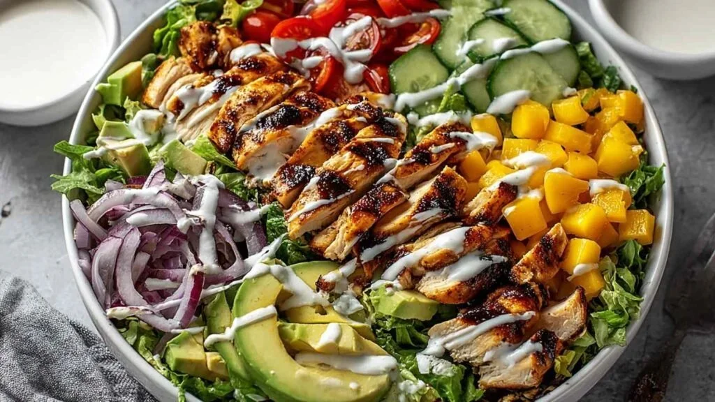 Fresh chicken salad bowl filled with colorful vegetables and grilled chicken.