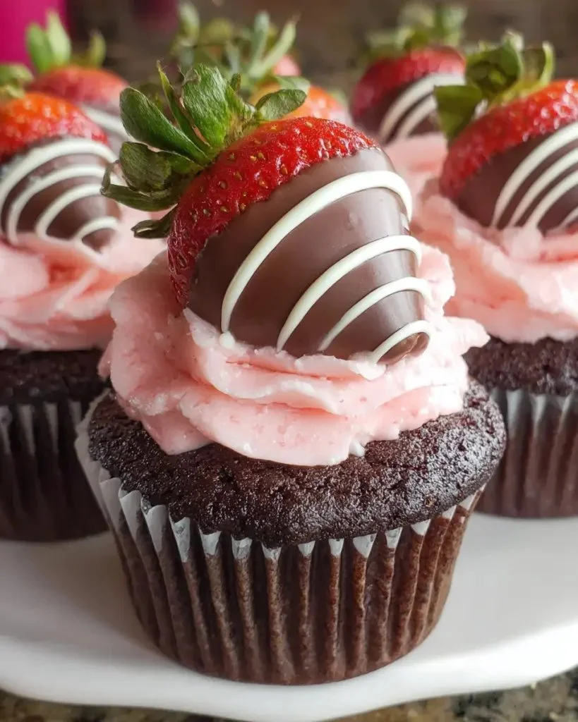 Chocolate covered strawberry cupcakes topped with fresh strawberries