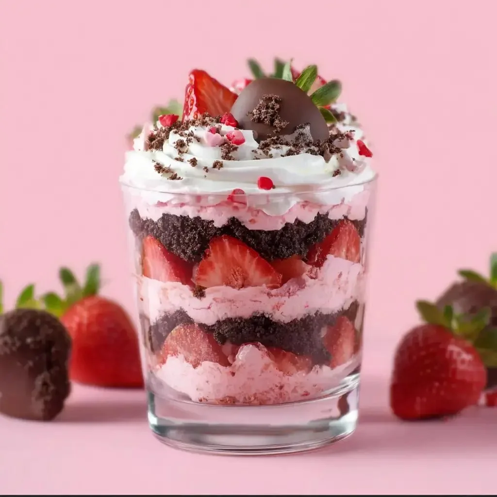 Delicious Chocolate Strawberry Trifle layered with chocolate mousse and fresh strawberries