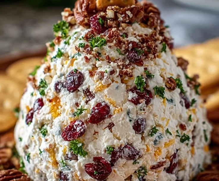 Festive Christmas Cranberry Pecan Cheese Ball served on a platter