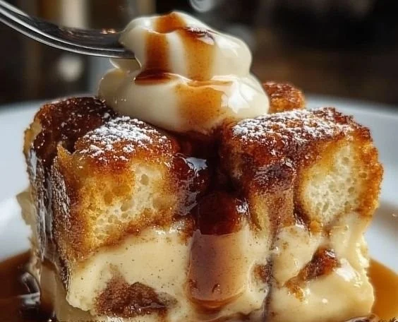Deliciously baked Cinnamon Bread Pudding served in a dish