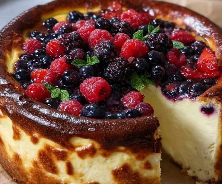 Citrus Berry Burnt Cheesecake with fresh berries and citrus zest