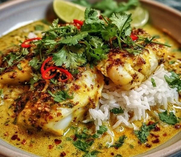 Coconut Lime Fish Curry served with Jasmine Rice in a bowl