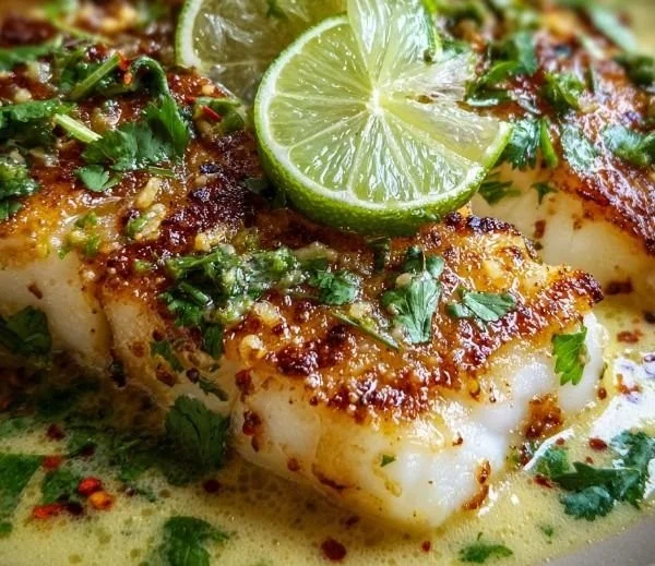 Coconut Lime Fish cooked in garlic butter, garnished with lime and herbs.
