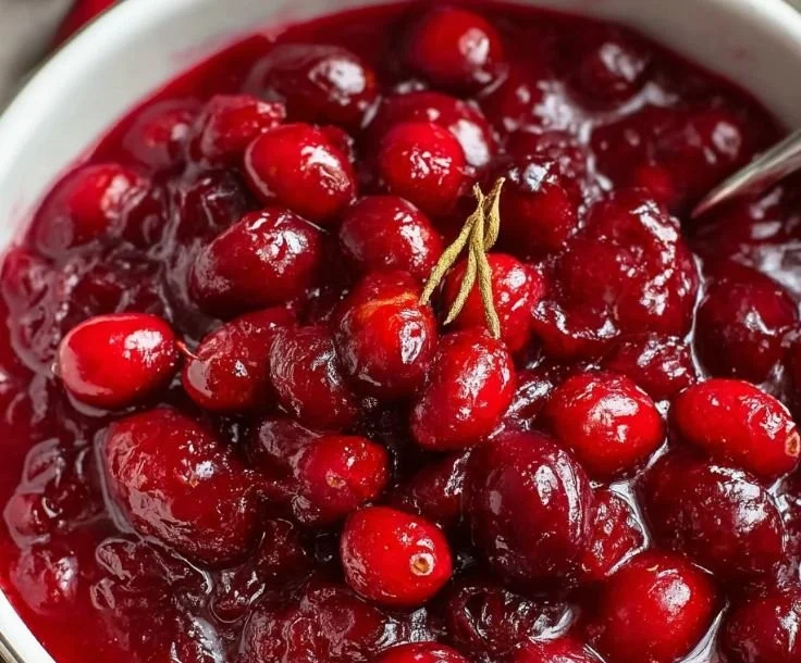 Homemade cooked cranberry sauce served in a bowl