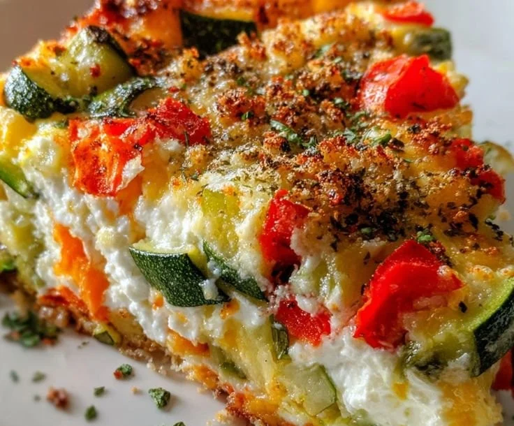 Cottage cheese and veggie bake served in a dish, showcasing colorful vegetables