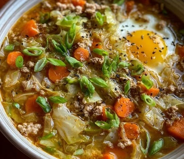 Delicious cozy one-pot egg roll soup garnished with green onions and served in a bowl.