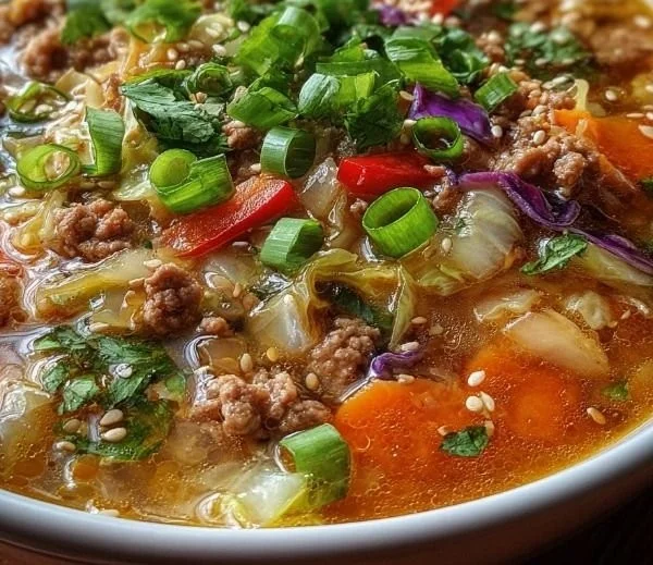Bowl of cozy one-pot egg roll soup with colorful vegetables and spices.