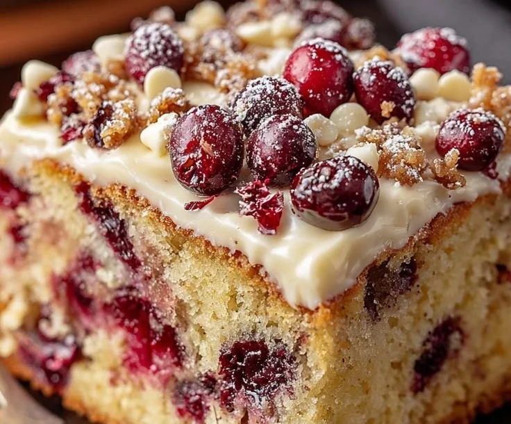 Delicious Cranberry Bliss Coffee Cake topped with frosting and cranberries