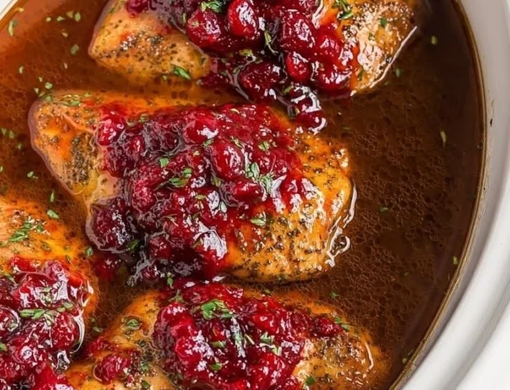 Delicious Cranberry Chicken made in a slow cooker with vibrant sauce.