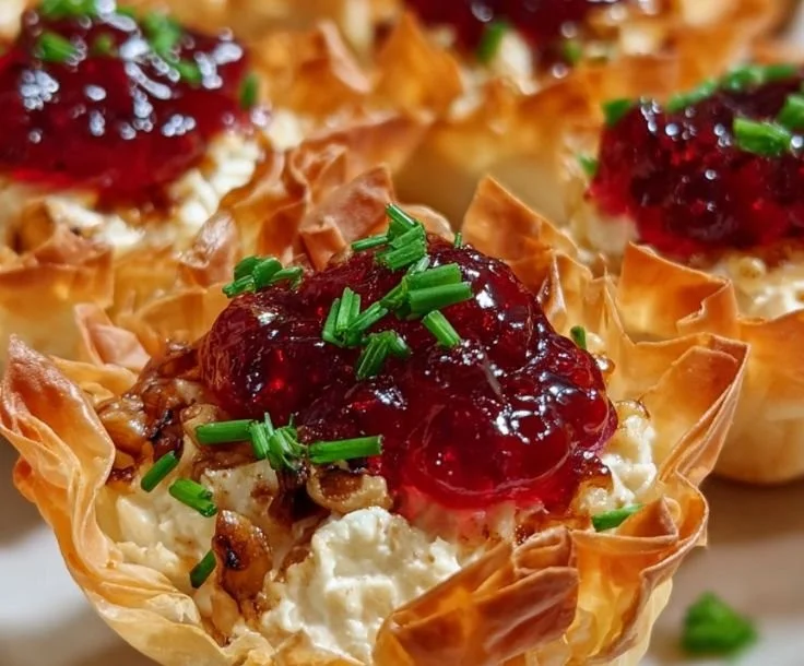 Cranberry Pepper Jelly Cream Cheese Phyllo Cups on a serving platter