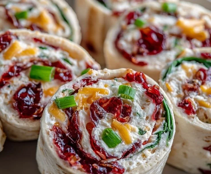 Plate of Cranberry Pepper Jelly Pinwheels ready for serving as appetizers