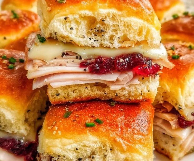 Cranberry turkey sliders topped with cranberry sauce served on small buns
