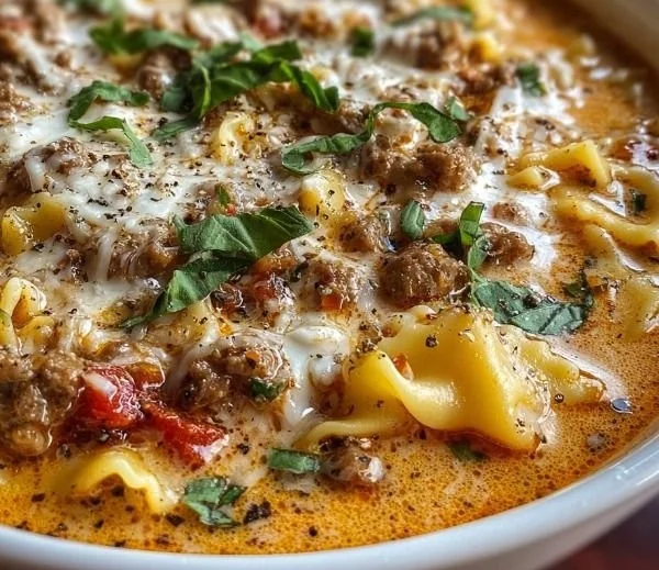 Bowl of creamy Alfredo Lasagna Soup topped with cheese and herbs