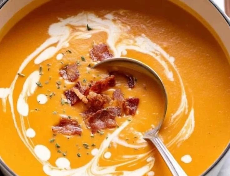 Bowl of creamy carrot soup topped with crispy bacon