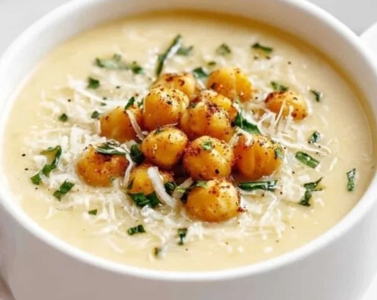 Bowl of creamy cauliflower soup garnished with herbs and served with bread.